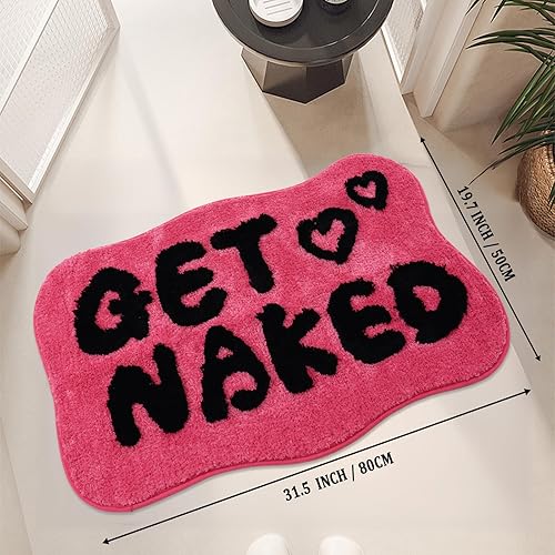 Miniatura 8 de Qleewei Alfombra de baño con texto en inglés "Get Naked", suave, antideslizante, bonita, divertida decoración de baño para dormitorio (texto