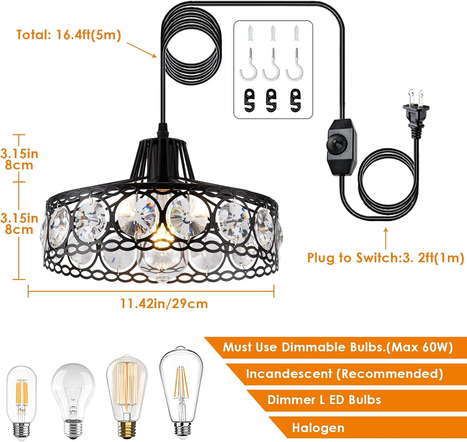 Plug in Crystal Pendant Light Black Industria Metal Chandelier Swag Light with 15Ft Cord and On/Off Switch Modern Light Fixture Hanging Lamp for Kitchen Island Dining Room Bedroom,D11.42…
