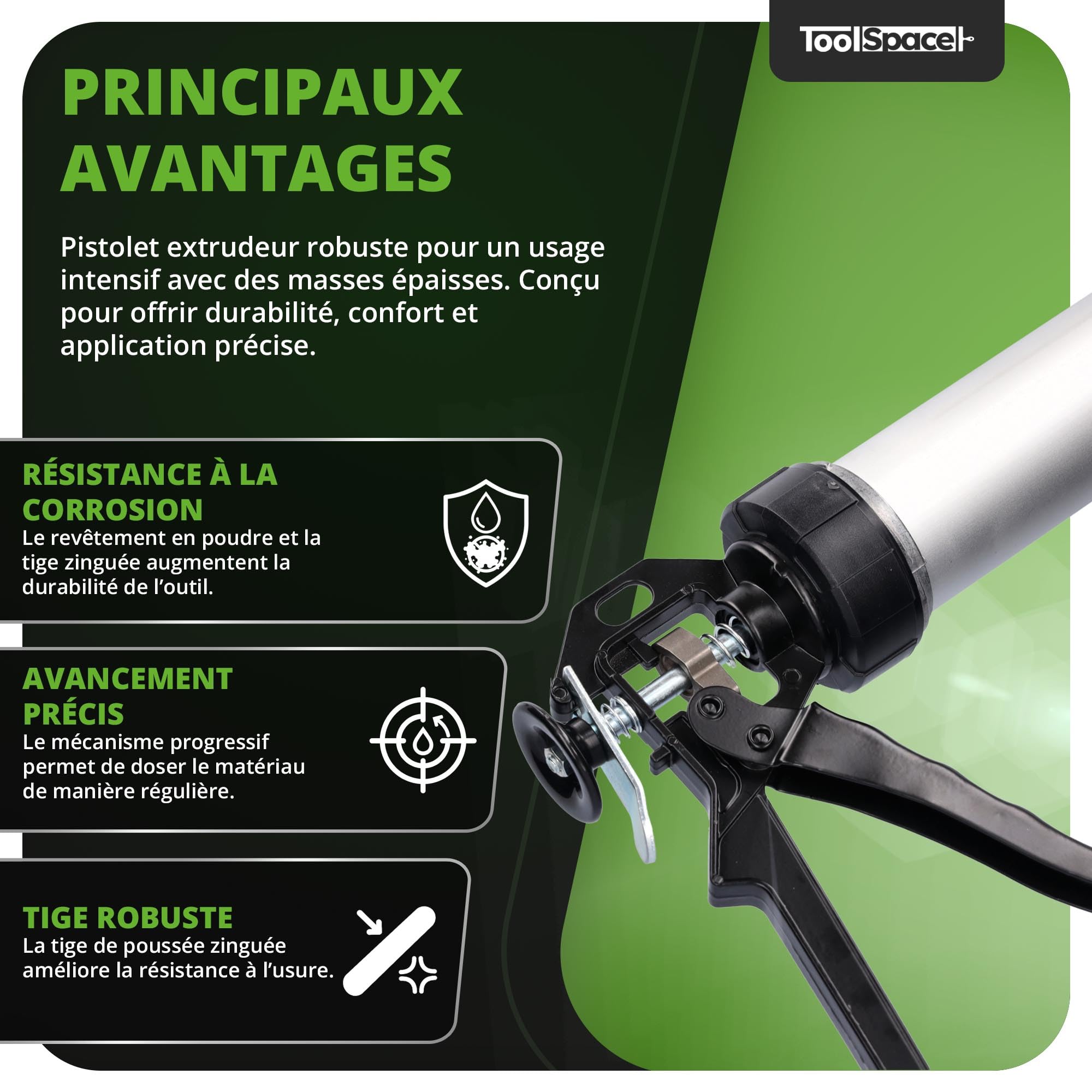ToolSpace Pistolet à Cartouche Presse à Mastic Extrudeuse Silicone Applicateur Usage Intensif pour Colles Mastics Joints Mortiers Résines Antirouille Ergonomique - 600 ml en Aluminium