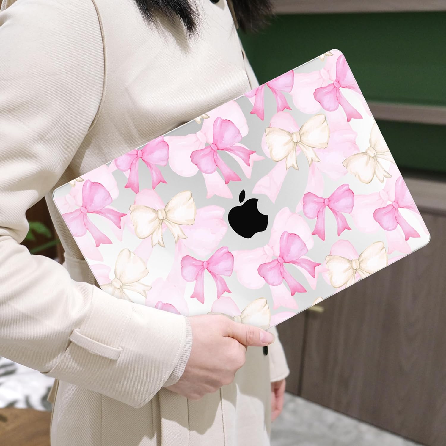 MEEgoodo for M5/M4/M3/M2 MacBook Air 13.6 inch Case 2026 2025 2024 2022(Fit Model A3449 A3240/A3113/A2681), Clear Laptop Shell Cases for MacBook Air 13-inch, White & Pink Bows