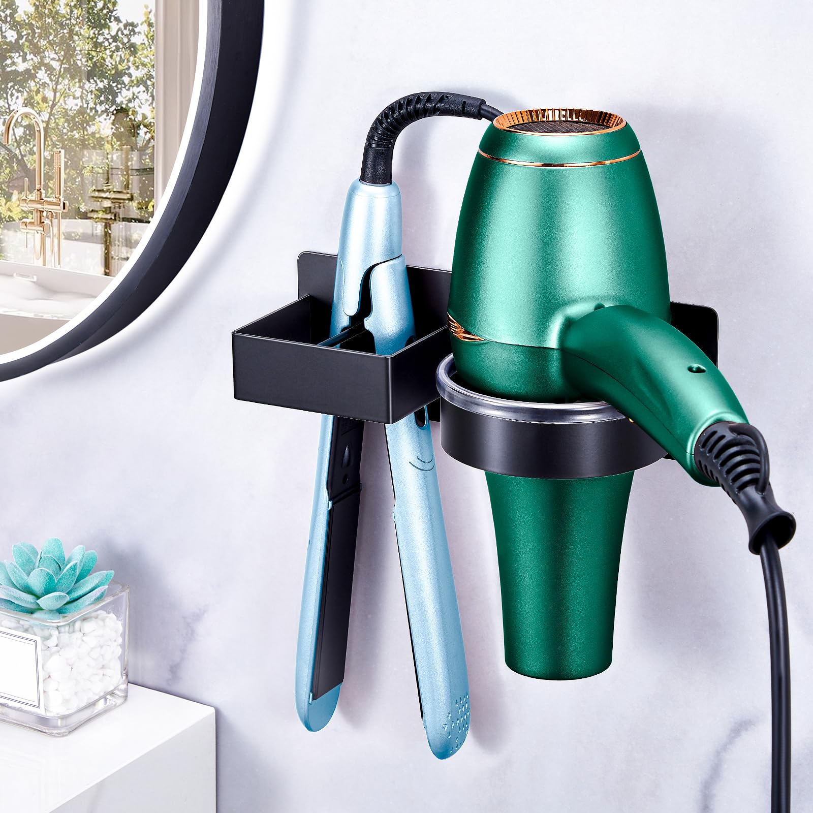 Soporte Secador de Pelo Autoadhesivo de Pared Sin Taladrar, Soporte para Secador y Plancha, Negro