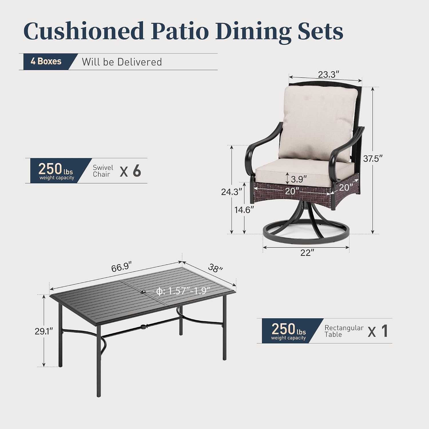 SUNSHINE VALLEY 7 Piece Patio Dining Sets for 6, Outdoor Table and Chairs with Cushioned Wicker Swivel Patio Chairs & Black Dining Table (1.57-1.9”Umbrella Hole), Outdoor Dining Sets for Lawn Backyard