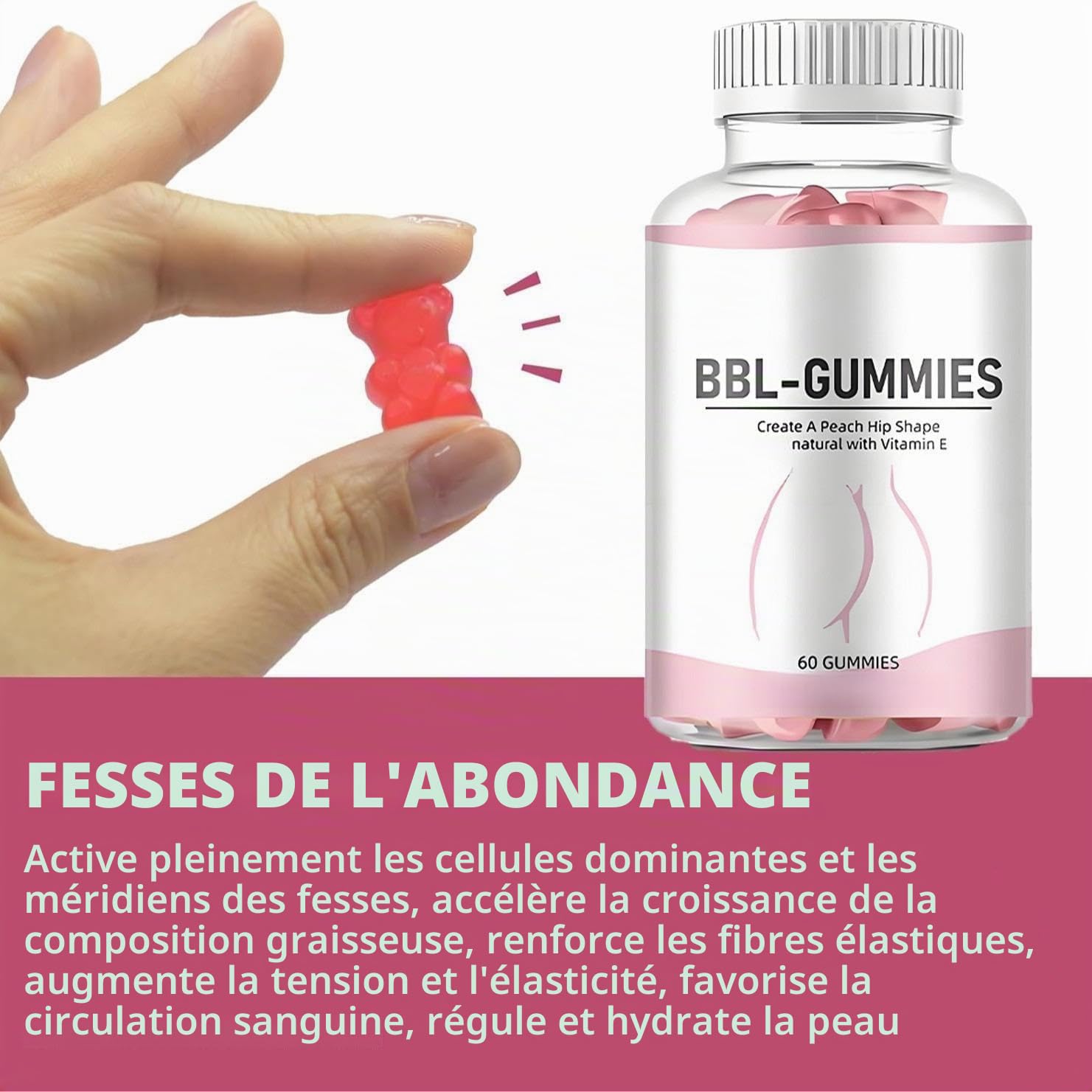 BBL Gummies, Aide à la croissance naturelle des fesses | nourrit la peau et l'élasticité, favorise la circulation sanguine, saveur de pêche