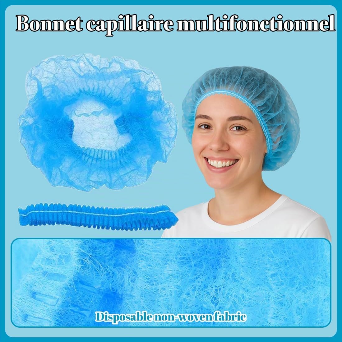 NHQZ 50 Charlottes Jetables Bleues Non-tissées Respirantes Bonnet à Usage Unique Sans Latex pour Cuisine Laboratoire Médical Industrie Visiteur Femme Homme