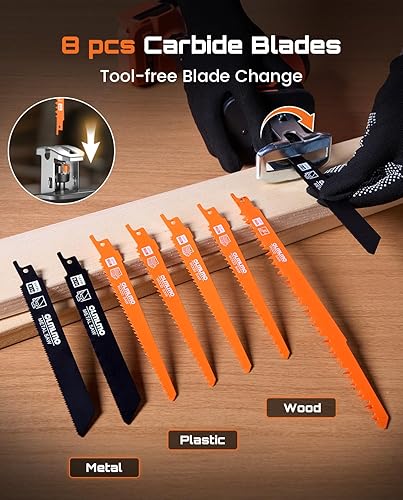 Miniatura 4 de Sierra recíproca inalámbrica con 8 hojas - 2 baterías de 4000 mAh, motor sin escobillas, velocidad variable 0-3200 SPM, cambio de hoja sin