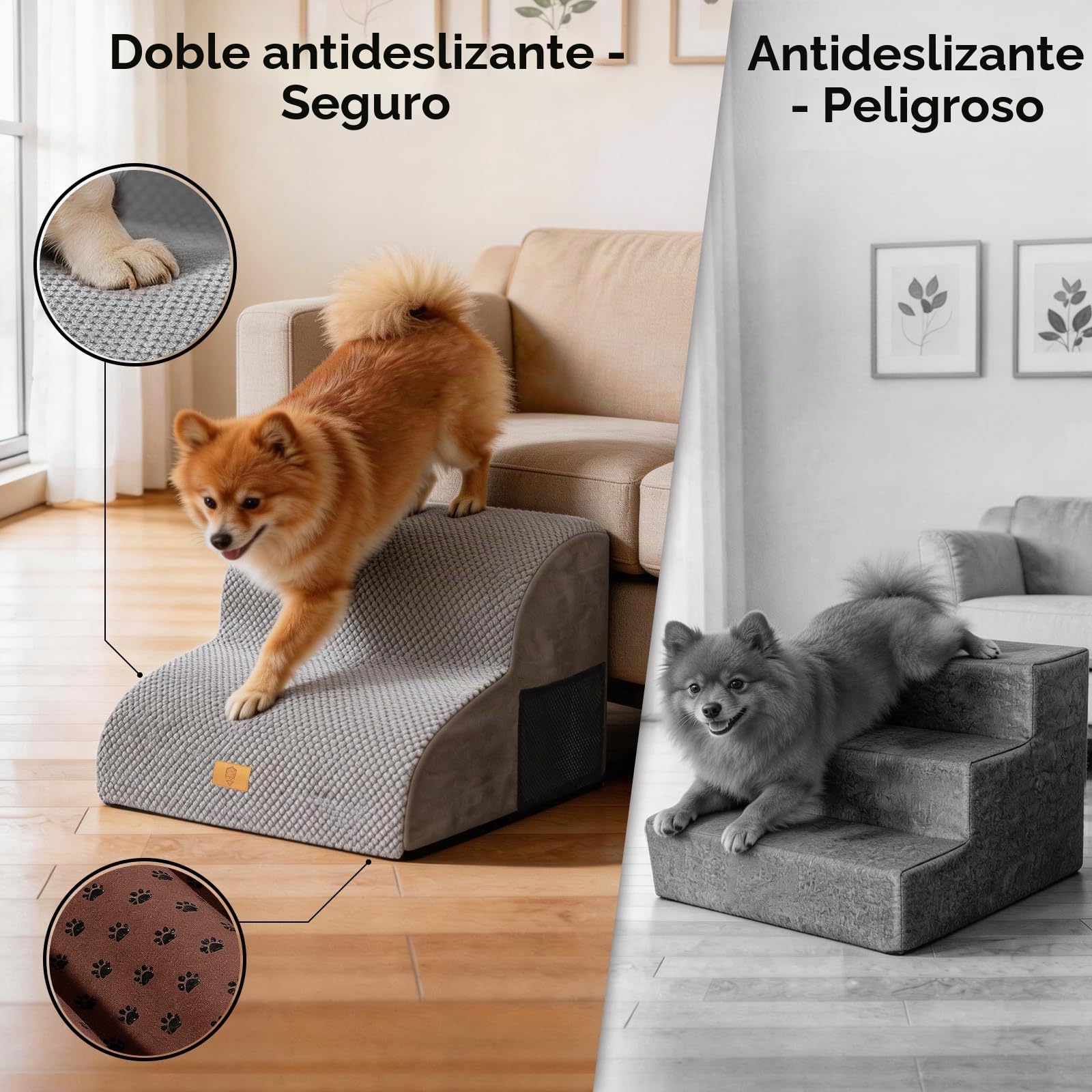 Thihome Escalones para Perros, Escalera Mascotas de Espuma 2 Escalones, Rampa para Perros con Funda Extraíble y Lavable, Escalera Perro para Sofá o Cama, 40x30x40cm, Gris