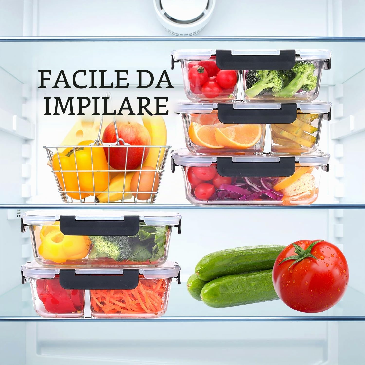Contenitore in vetro con coperchio Meal Prep, 2 & 3 scomparti (4 pezzi, 1040 ml) con coperchio, controllo delle porzioni, ermetico, sicuro per forno e congelatore