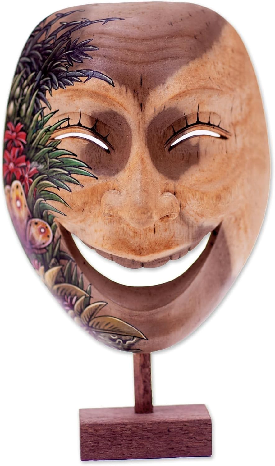NOVICA Artisan Handcrafted Wood Mask Balinese Hibiscus Butterfly Motif Multicolor Indonesia Masks Animal Themed [9.75in H x 5in W x 3.5in D] ' Gleeful Smile'