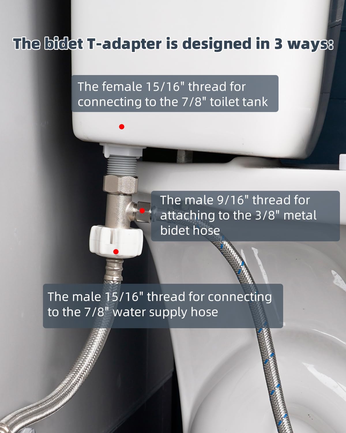 Hibbent Bidet T Adapter, Metal T Valve for Bidet(7/8” x 7/8” x 3/8”) or (15/16" x 15/16" x 9/16"), 3 Way Tee Connector Bidet Attachment for Toilet