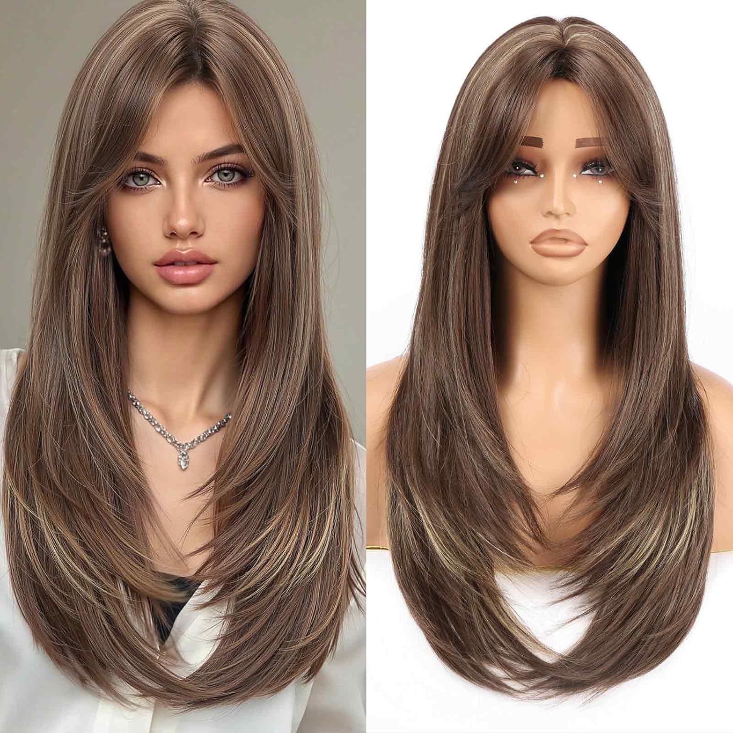 Allbell Highlight Dark Brown Wigs For Women Long Straight layered 24 inch Middle Part Wig Natural Looking Synthetic Heat Resistant Fiber for Daily Party Use