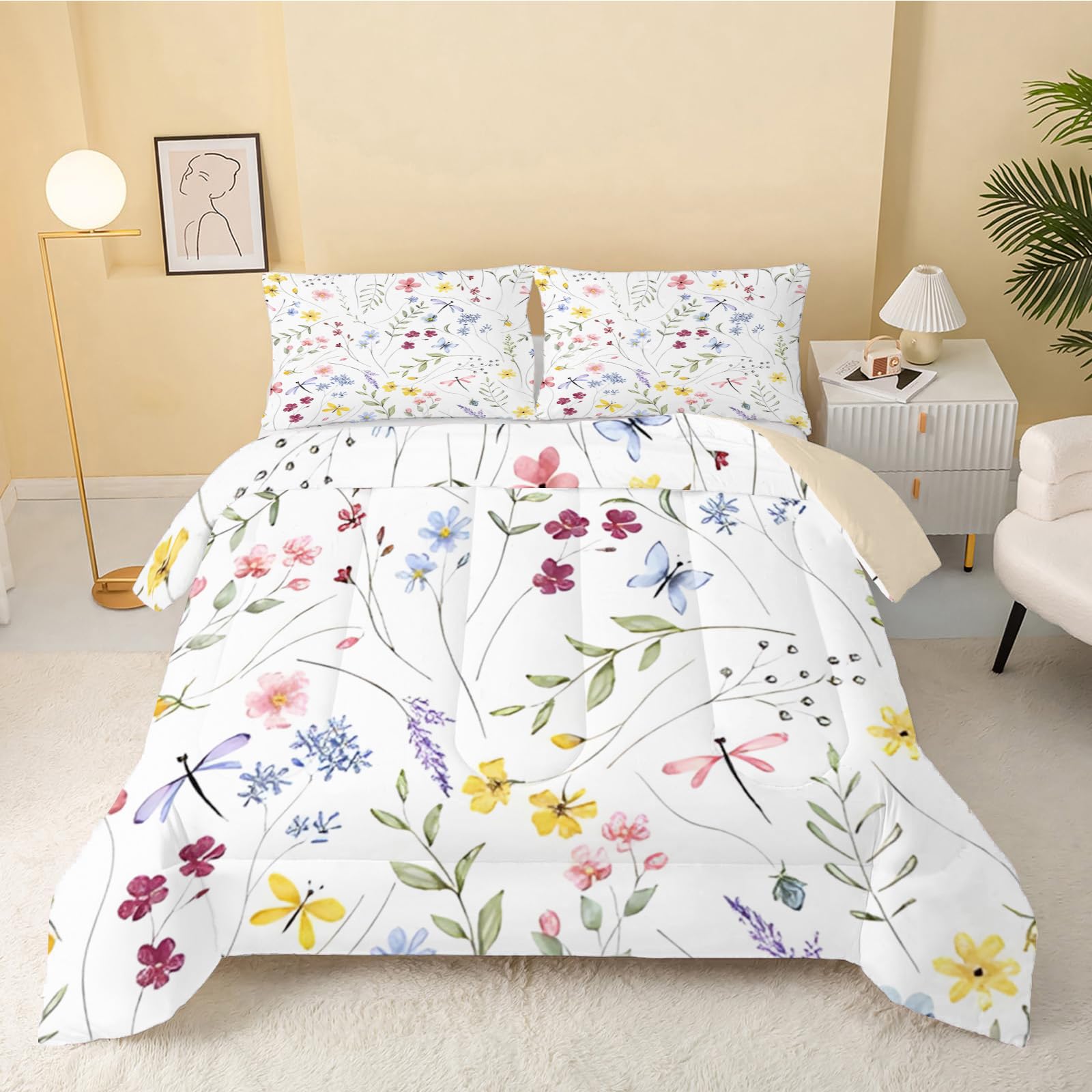 Dyausi White/Green Floral Duvet, Coverless Duvet Single Size 7.5 Tog, Reversible Leaves Plants Comeforter Set, Lightweight Machine Washable,