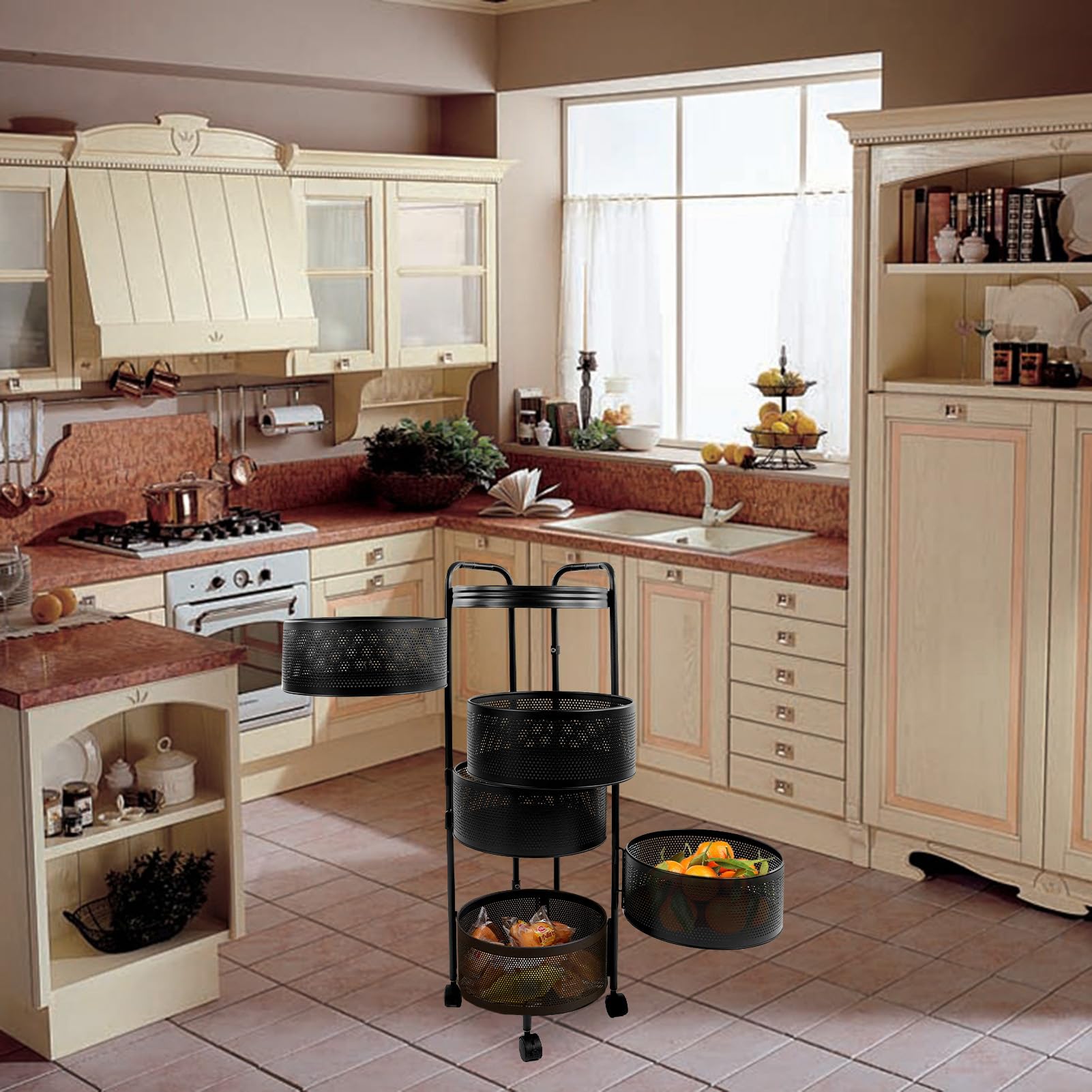 Qinlenyan Carrello Per Frutta E Verdura - 5 Livelli Impilabile Con Ruote, Nero - Foto 13