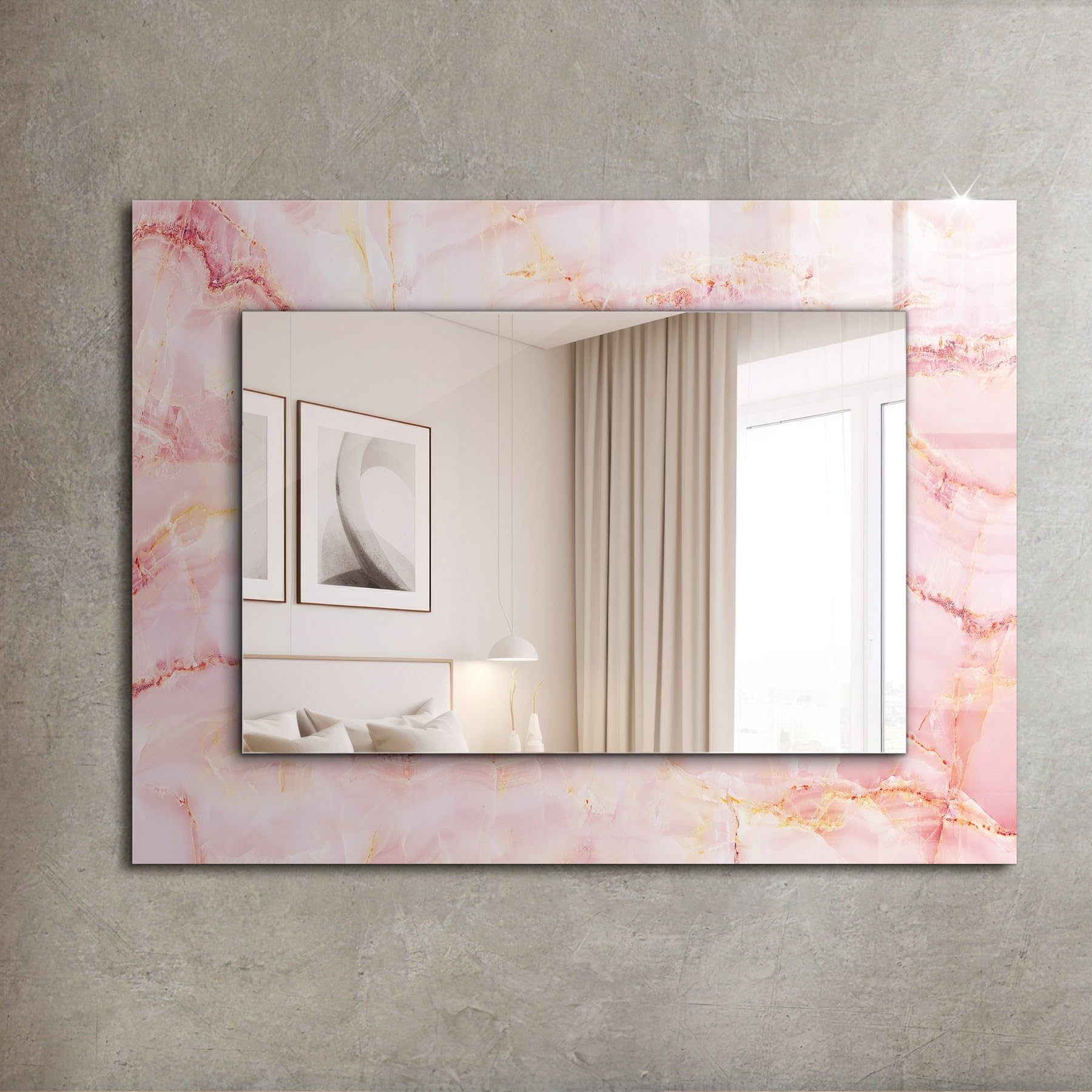 Współczesne szklane lustro 80 x 60 cm (31,5 cala x 23,6 cala) | Prostokątna dekoracja ścienna z nadrukowanym obramowaniem - wzór różowego marmuru