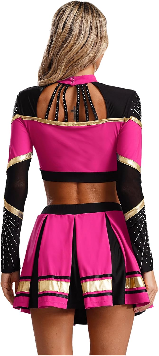 Vxuxlje Womens Cheer Leader Costume Cheerleading Uniform Outfits Crop Top with Pleated Skirt