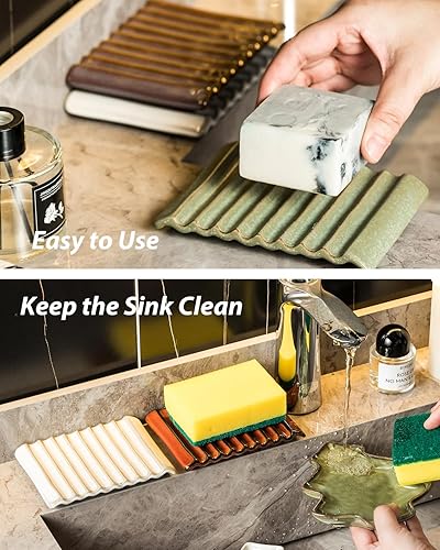 Miniatura 6 de Jabonera para encimera con autodrenaje, soporte de cerámica para lavabo, ahorrador de jabón japonés para baño con autodrenaje, amarillo