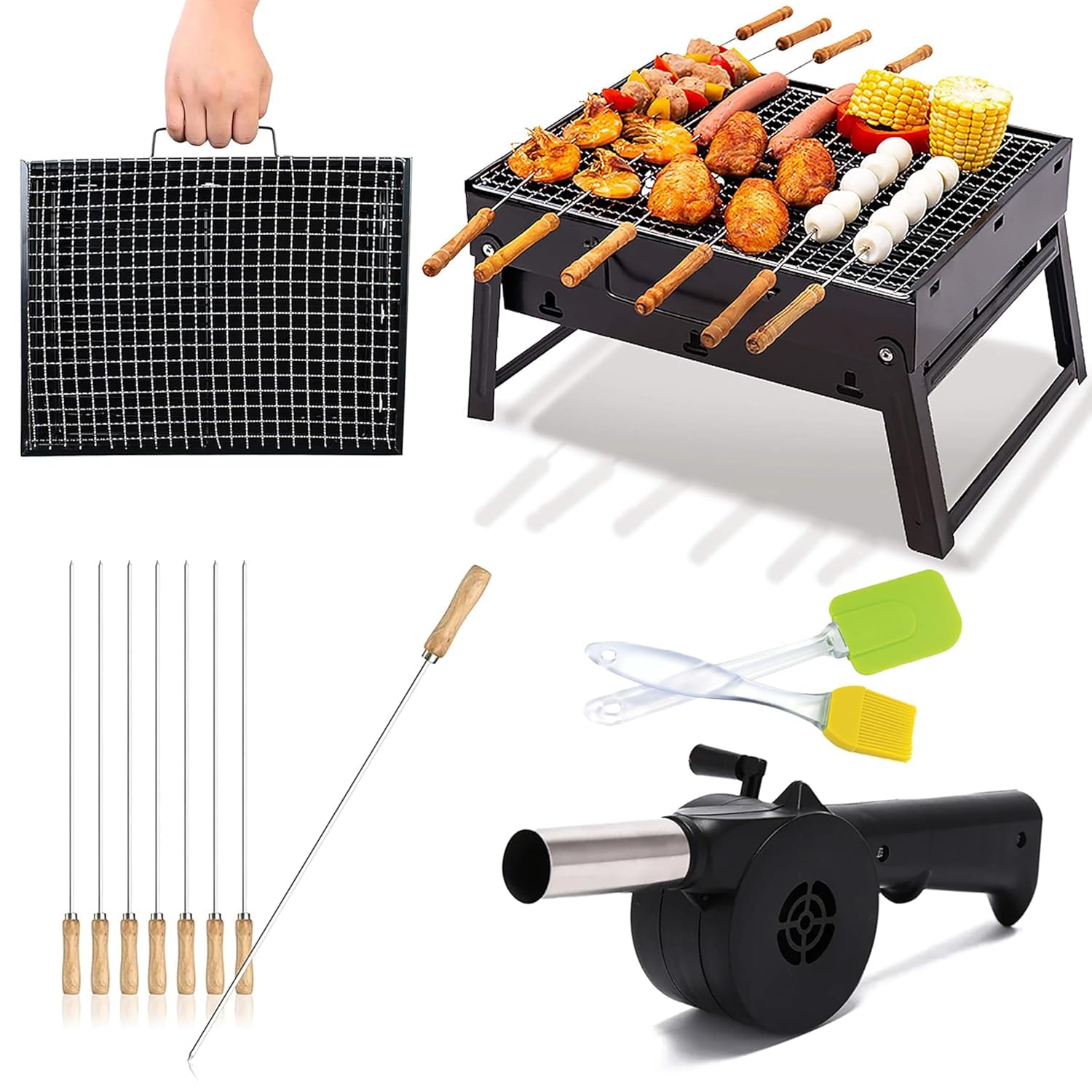 ORILEY Portable Charcoal Heavy Duty Barbeque Grill | 12 Sticks | 1 Air Blower | 1 Spatula & 1 Oil Brush Standing Foldable BBQ Tools for Home Outdoor Camping Picnic Travel Cooking (Set of 1, Black)-image-14