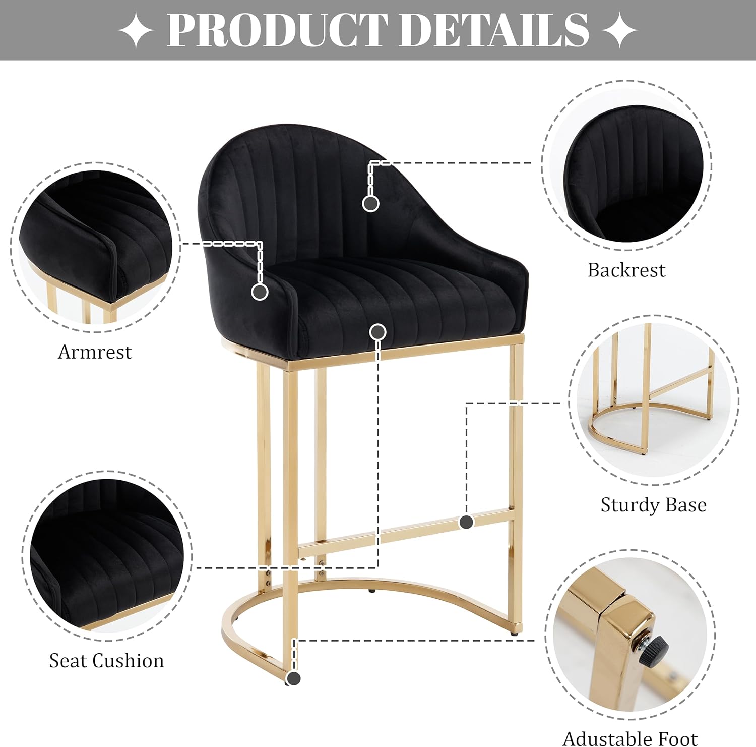 27" Velvet Bar Stools, Counter Height Bar Stools for Kitchen Island, Modern Velvet Kitchen Chairs with Metal Legs, Upholstered Seating for Dining, Home Bar (Black + Golden Legs, Set of 2)