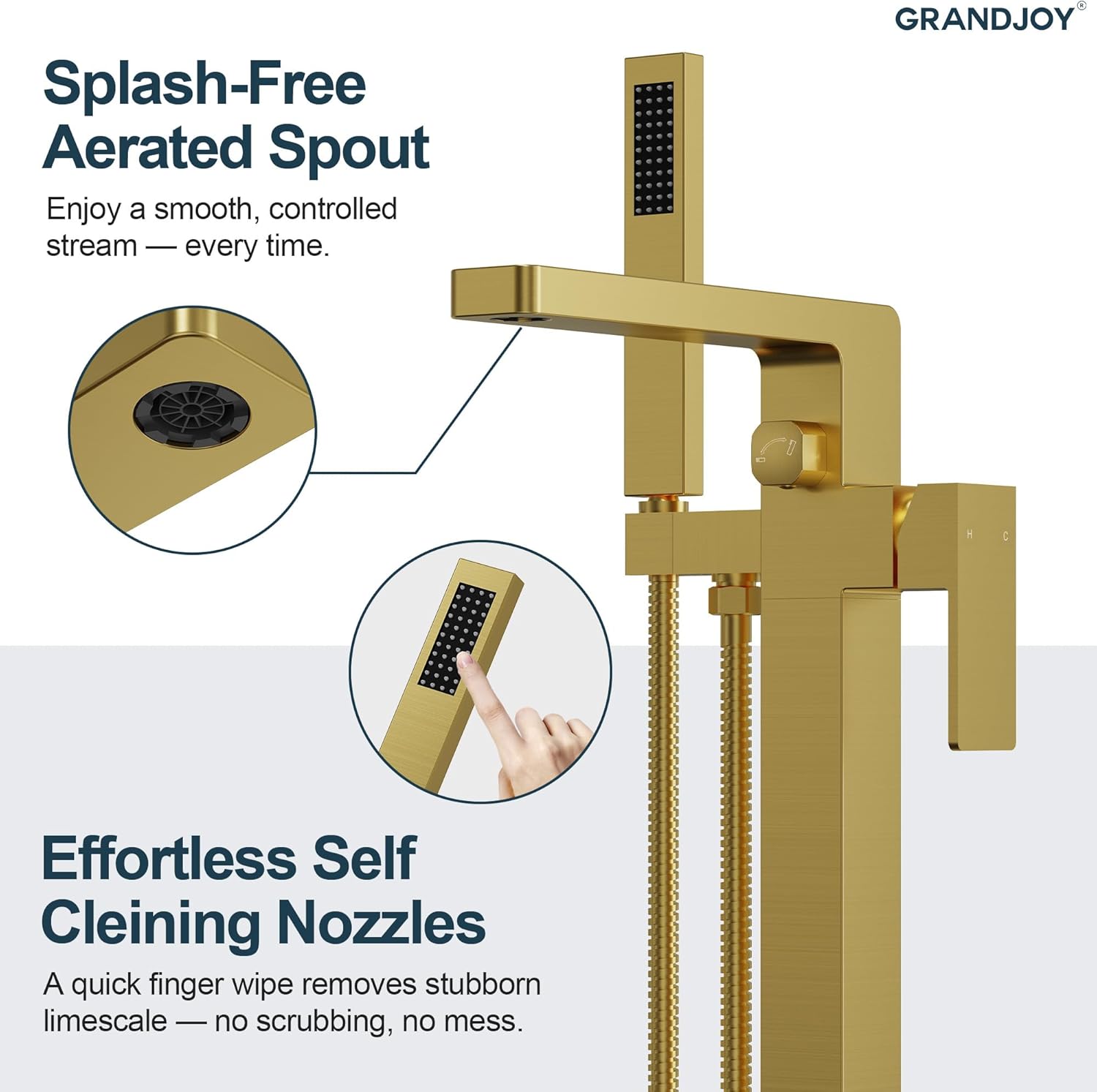 Brushed Gold Freestanding Bathtub Faucet with Hand Shower, Single Handle Waterfall Spout, Solid Brass & Stainless Steel High Flow Tub Filler, Floor Mount