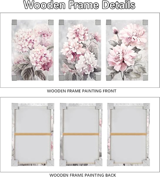 3 Pcs Wooden Framed Blush Grey Pink Canvas Wall Art Pink Hydrangeas Peonies Floral Blossom Canvas Painting Pictures for Living Room Bedroom Bathroom Hallway Home Wall Decoration 90x40cm(12"x16"x3pcs) - 5