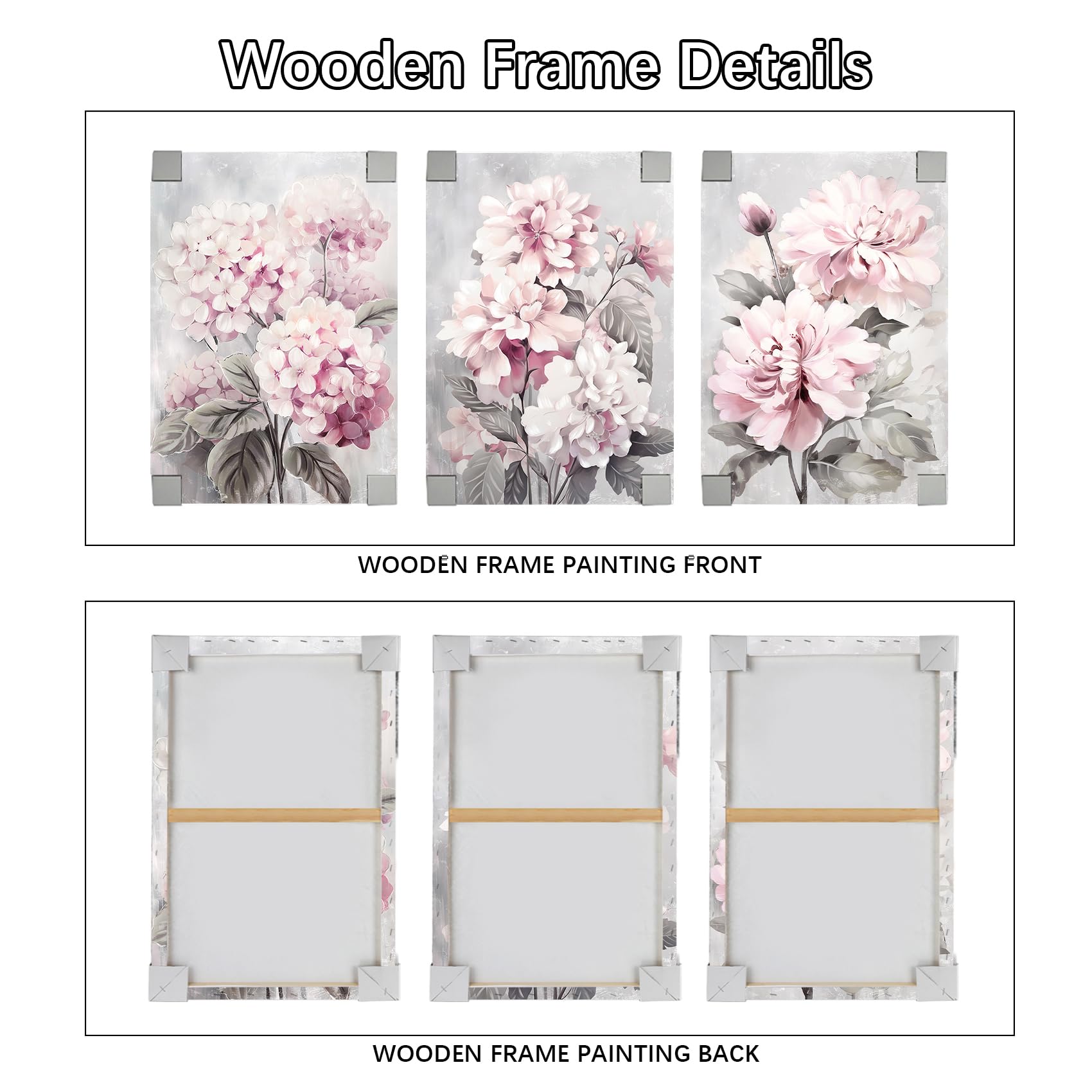 3 Pcs Wooden Framed Blush Grey Pink Canvas Wall Art Pink Hydrangeas Peonies Floral Blossom Canvas Painting Pictures for Living Room Bedroom Bathroom Hallway Home Wall Decoration 90x40cm(12"x16"x3pcs) — view 5