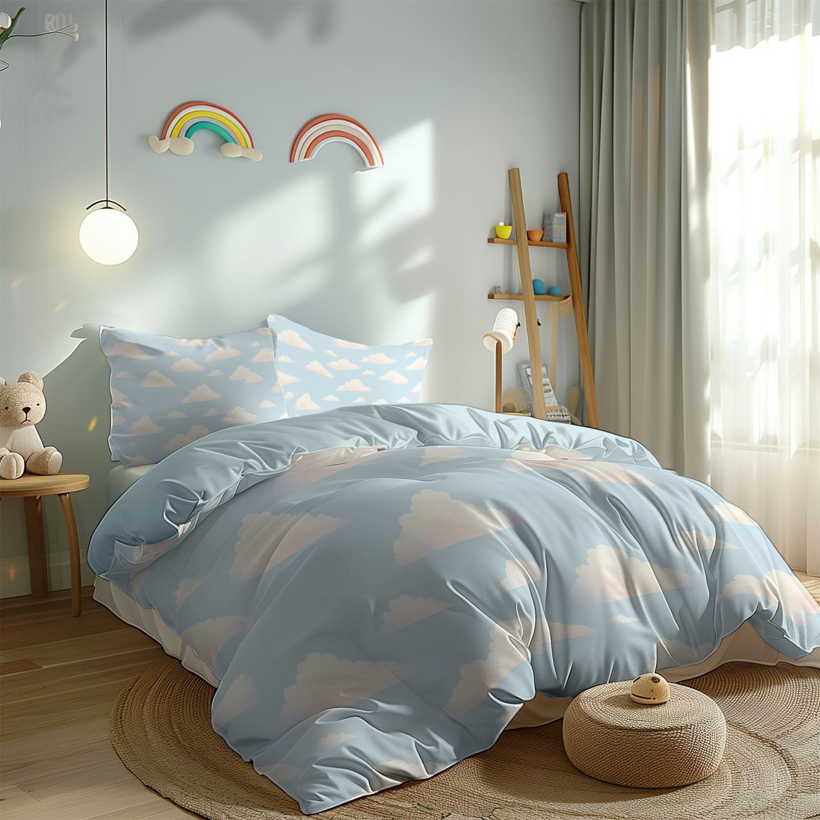 Azul Funda Nordica Cama 90 De 3 Piezas Nubes Juego De Funda Nordica 150X200 Cm Suave Transpirable Y 2 X Fundas De Almohada para Ropa De Cama Infantil Niño Chico Niña