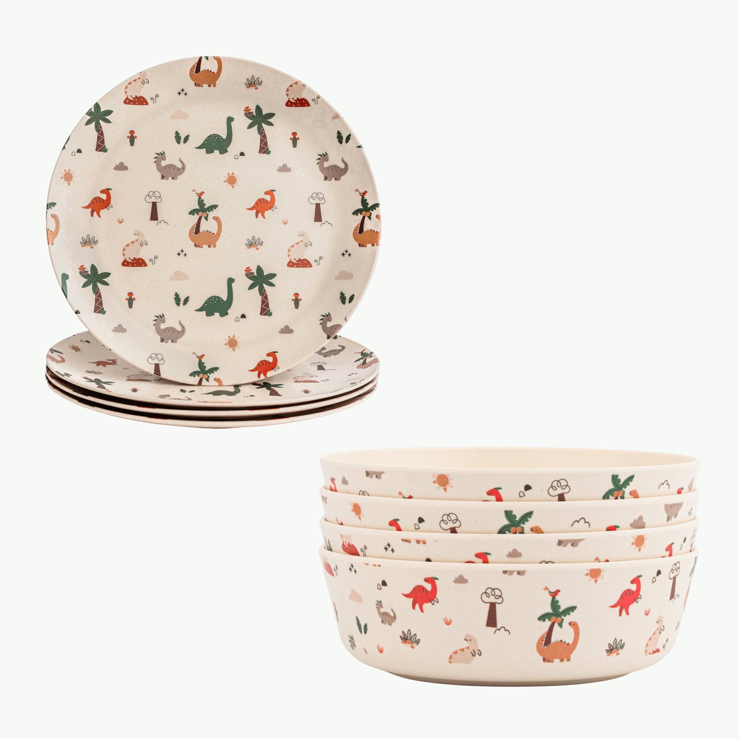 Bamboo Dinnerware Set for Kids – 18 Oz Bowls and Plates Combo for Everyday Meals (Dino 8")