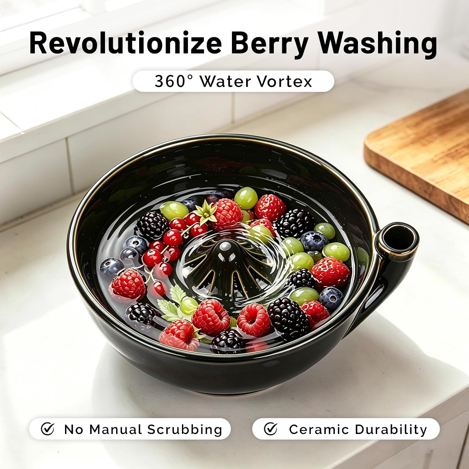 Ceramic Swirl Rinsing Berry Bowl, Colander Fruit Draining Kitchen image 4