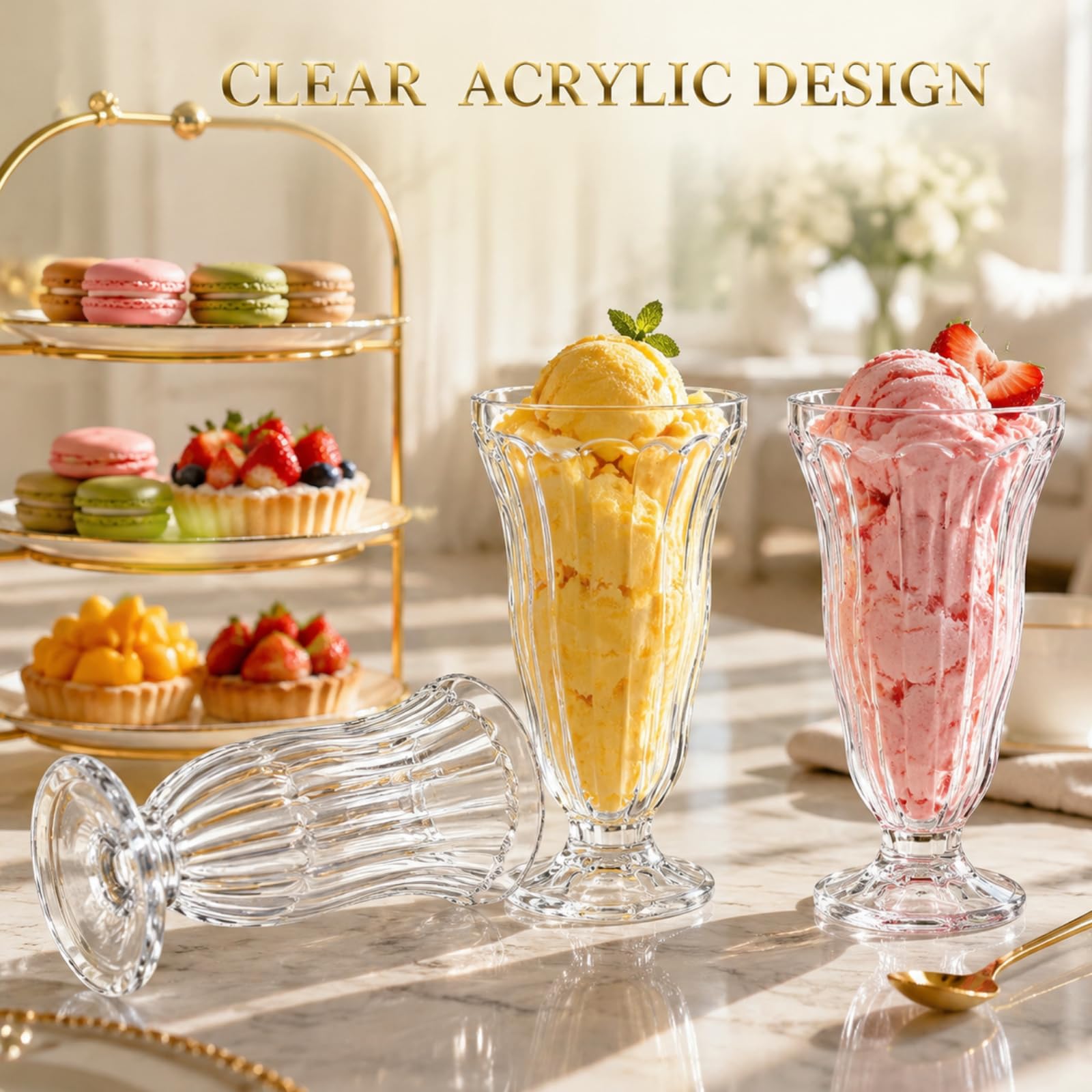Mezchi Acryl-Milchshake-Gläser, 425 ml, altmodisches Soda-Glas, bruchsichere Eisbecher mit Fuß, klare Pina Colada-Brunnen-Gläser, ideal für Saft, tropische Getränke, Party, 6 Stück Küche, Haushalt & Wohnen