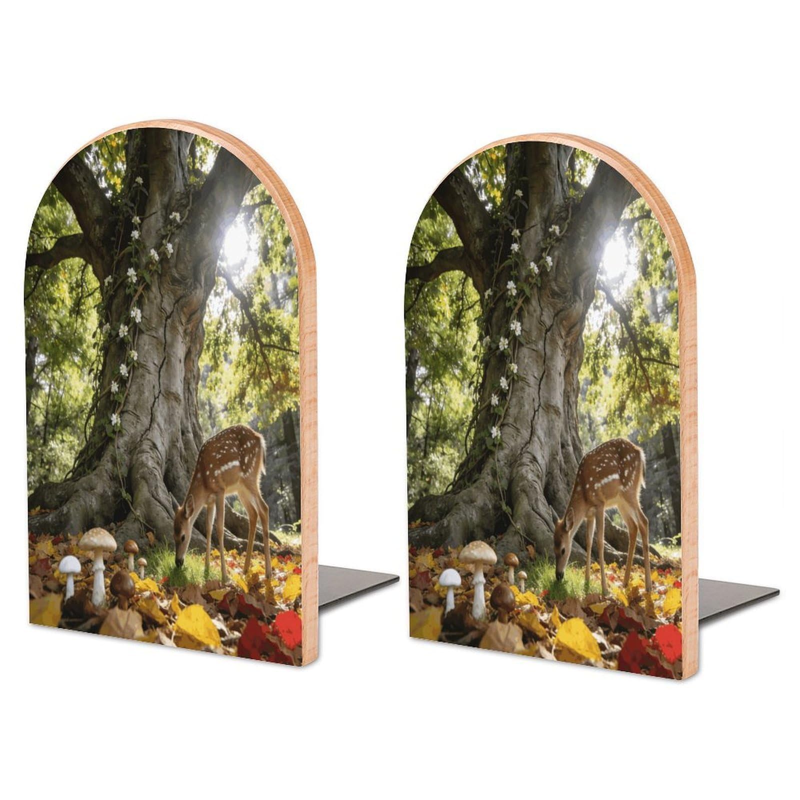 Sujetalibros de madera con diseño de sol otoñal y base de metal antideslizante para estanterías