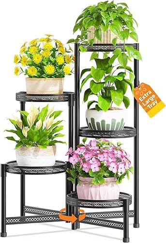 Miniatura 14 de LASZOLA Soporte grande para plantas de 5 niveles para interiores con bandeja de metal de 10 pulgadas, estante plegable de esquina para flores