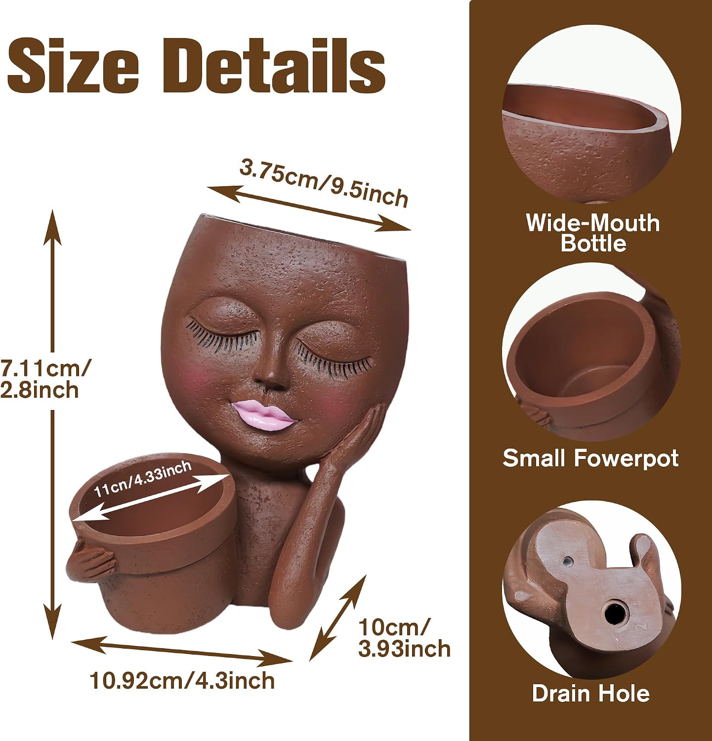 Face Plant Pot Resin Head Planter, Double Flower Pots with Drainage Hole image 3