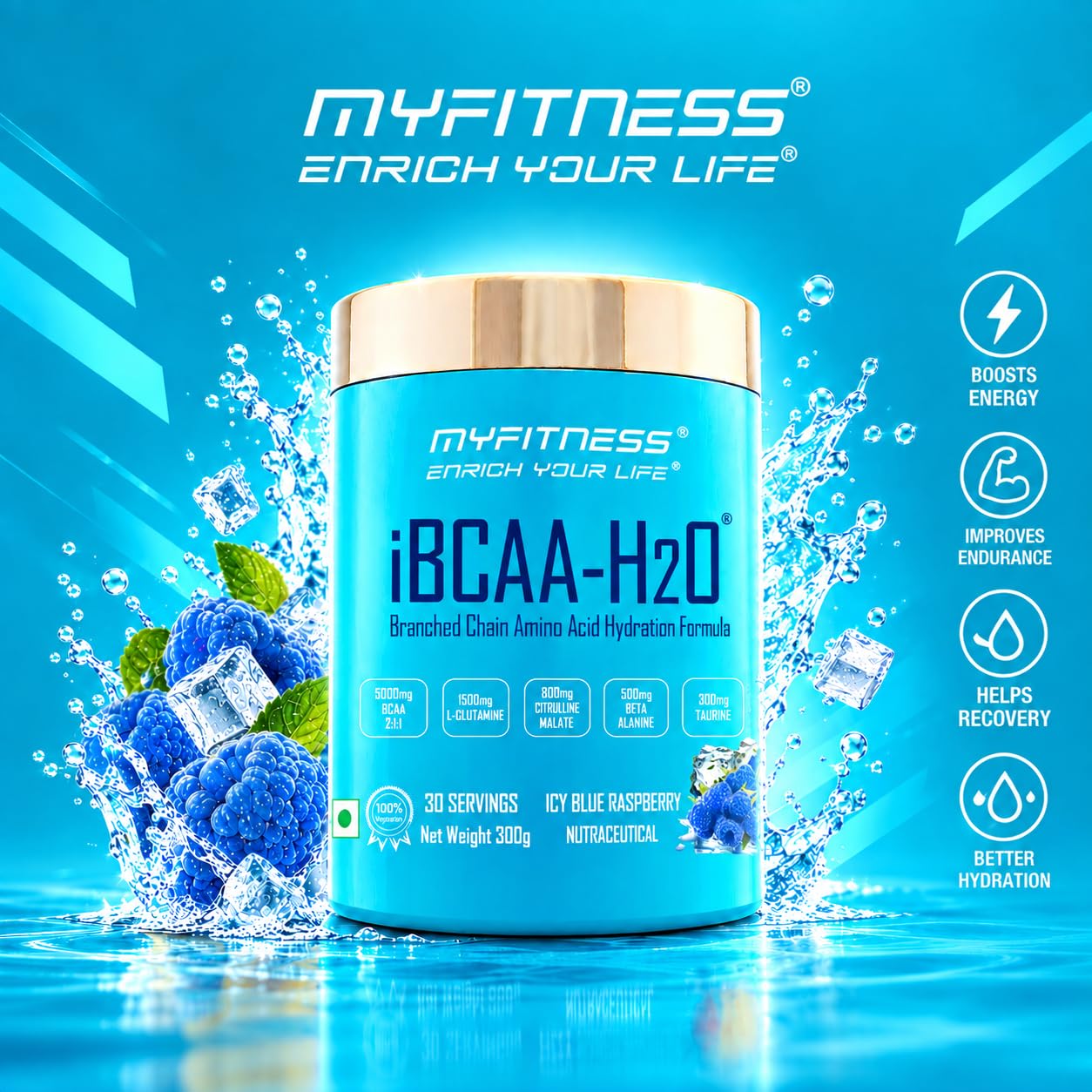 Myfitness BCAA Powder 5000mg | iBCAA H2O | 30 Servings | BCAA Supplement for Men & Women | Pre Workout & Intra Workout Supplement + Amino Acids | 300g (Icy Blue Raspberry) — Amazon image 2