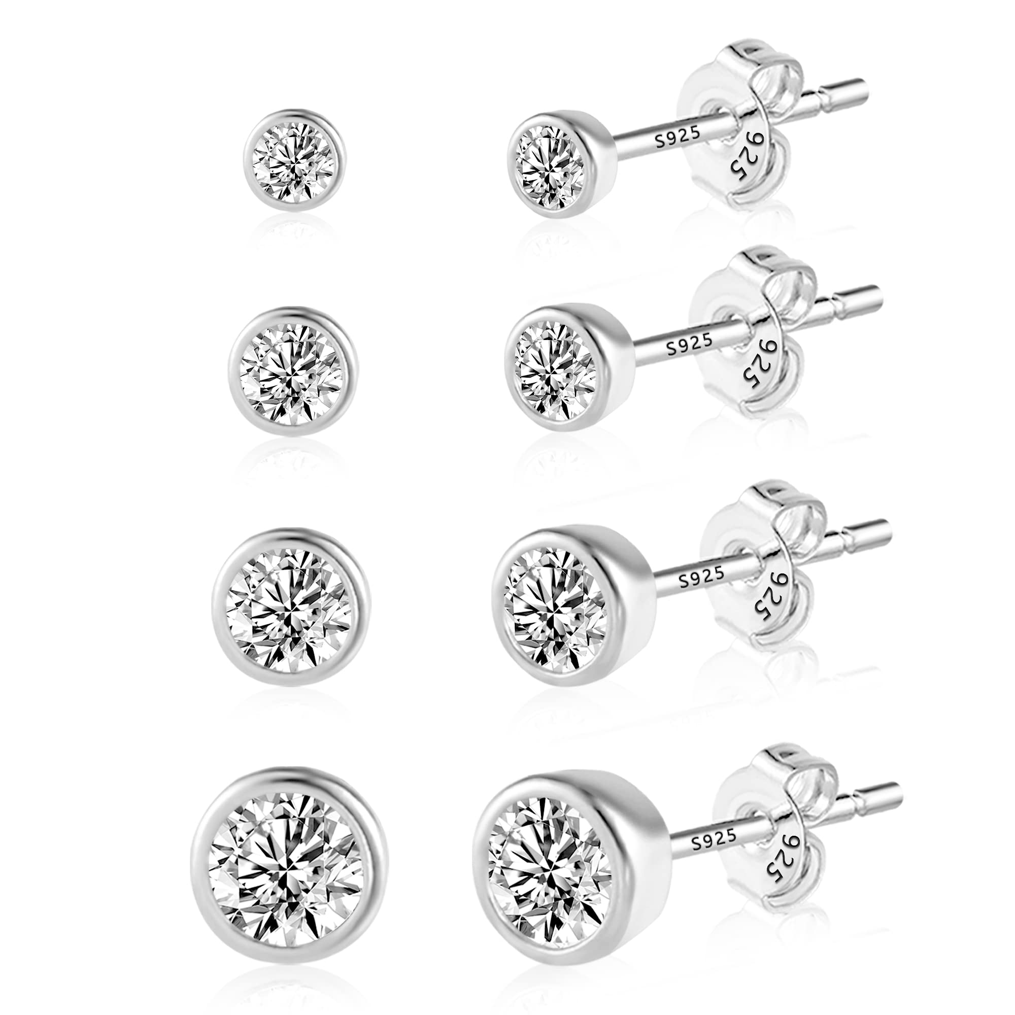 Ohrstecker Silber 925 Damen, 4 Paar Sterling Set mit Zirkonia, Hypoallergene Funkelnd Kleine Ohrringe Herren Schmuck Oktoberfest Geschenke