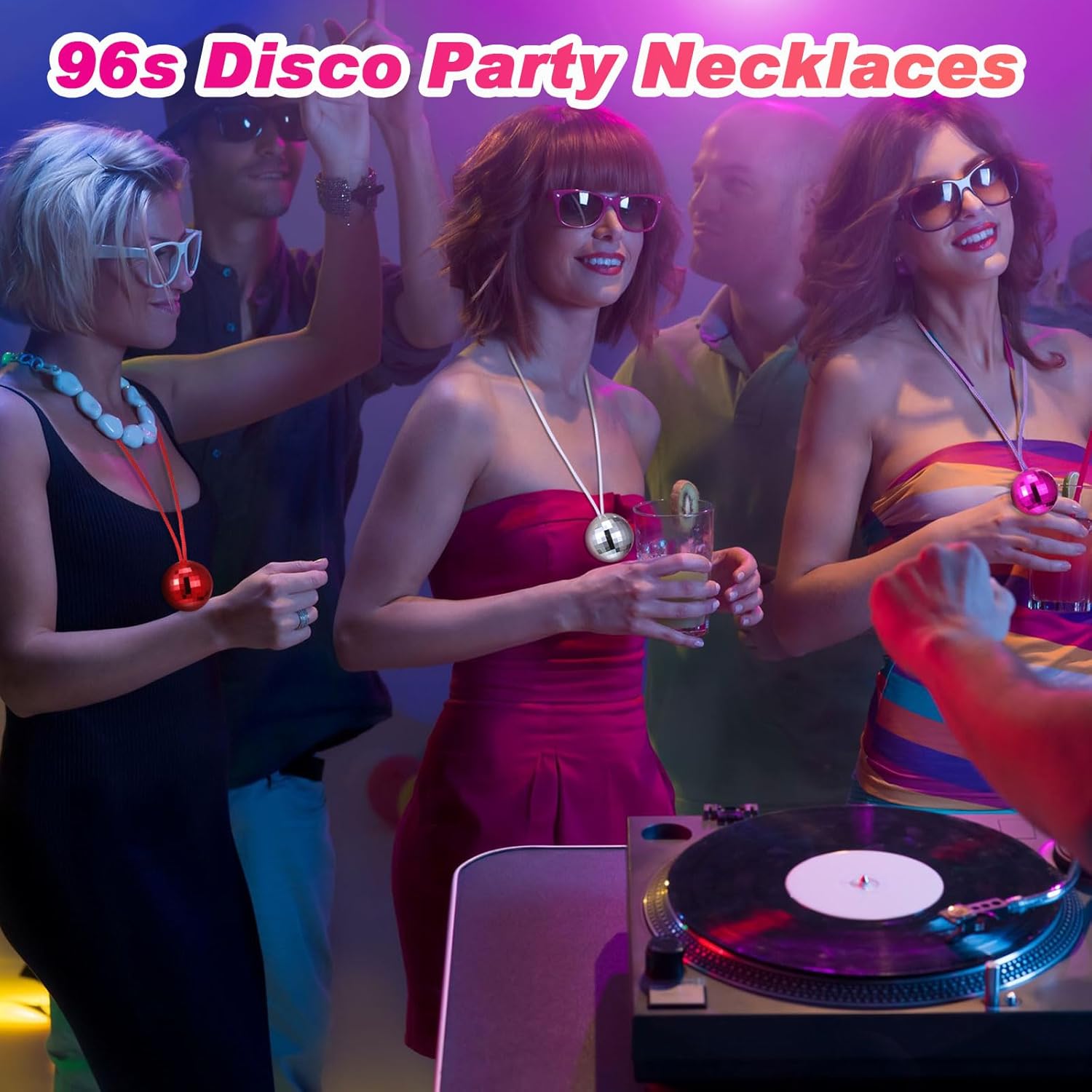 Libima 96 Pcs Disco Ball 70s Necklace Bulk 1.5 Inch Halloween Dance Party Favor Costume Accessories
