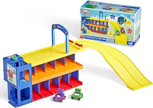 Park, play, count and zoom down your race track in the number block count car garage