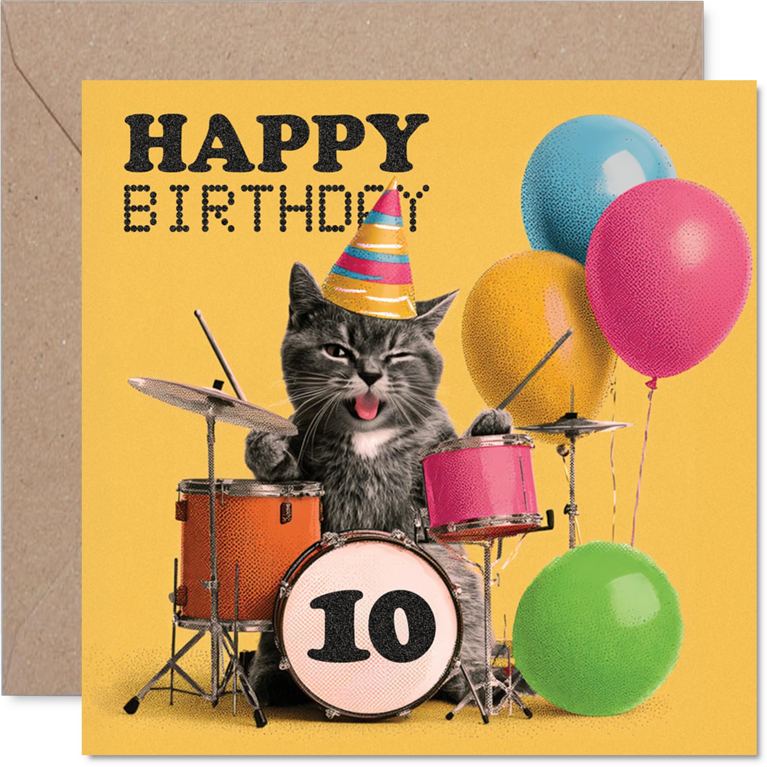 Playful 10th Birthday Card - A Drum-tastic Birthday Bash - Cat in a Party Hat Drumming with Colourful Balloons - 145mm Square, Envelope Included