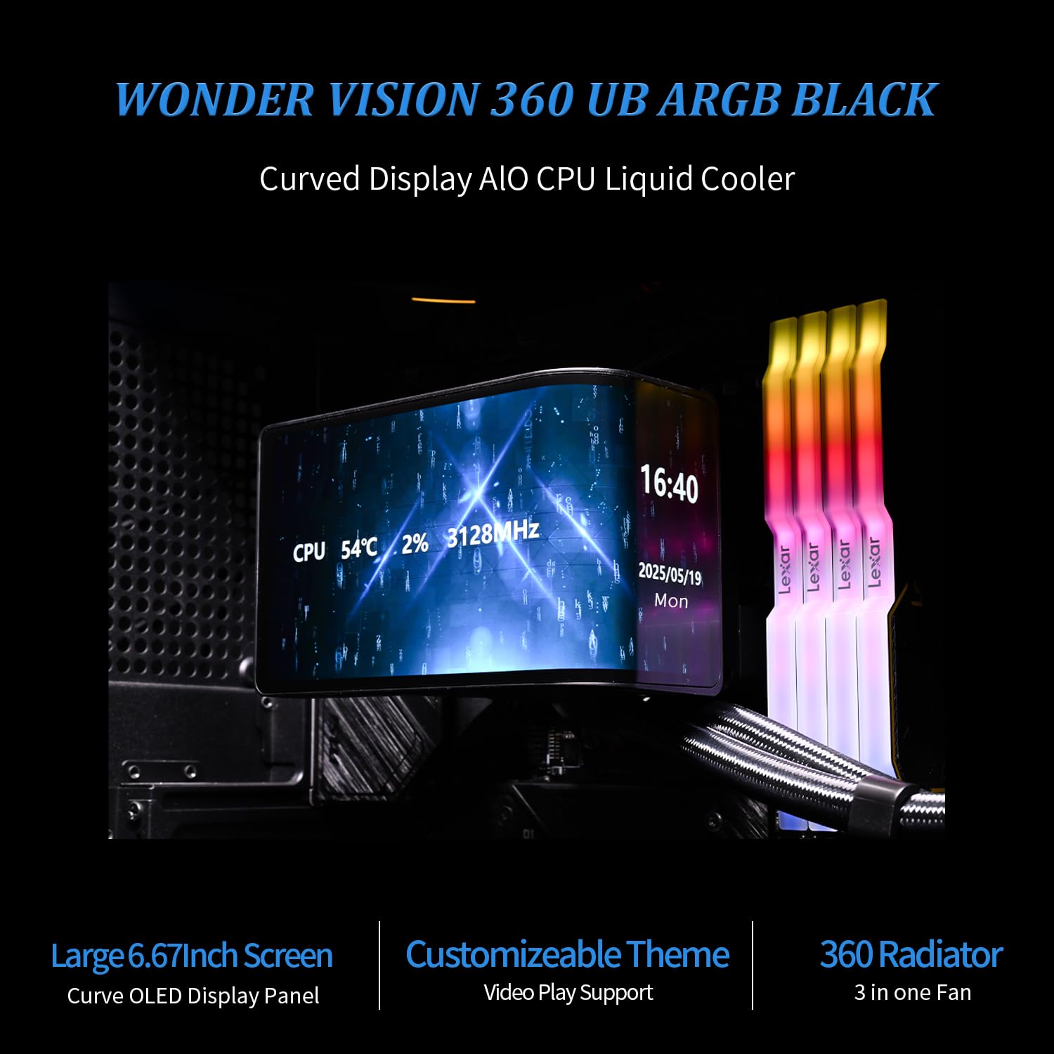 Thermalright Wonder Vision 360 UB ARGB Nero AIO CPU Liquid Cooler, per AM5/Intel LGA1851/1700, schermo curvo 3D da 6,67 cm con risoluzioni 2400x1080, schermo a pannello magnetico, supporto video 3D/2D