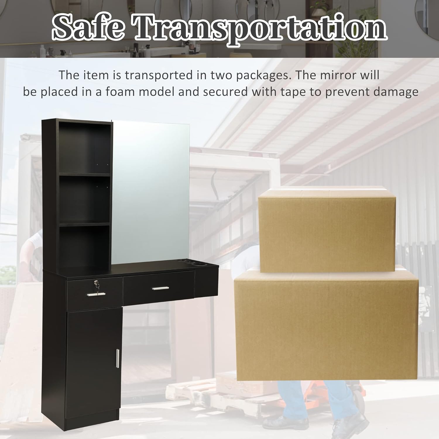 Image showing the salon station and two cardboard boxes, indicating safe transportation in multiple packages