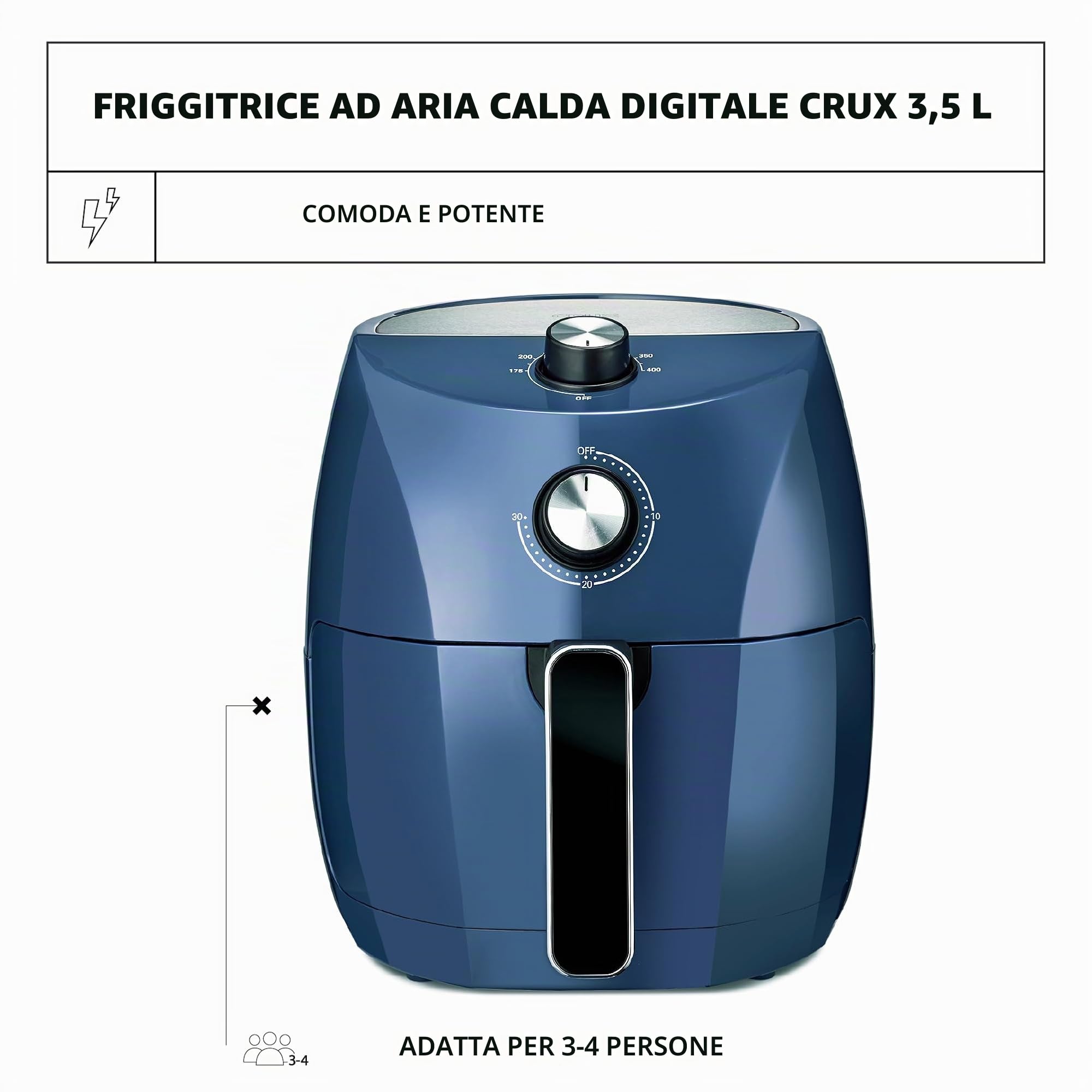 Crux Friggitrice ad Aria Manuale da 3.5 L, Preriscaldamento Più Veloce, Frittura Senza Olio, Cestello Antiaderente e Griglia di Cottura Lavabili in Lavastoviglie, Acciaio Inossidabile, Blu