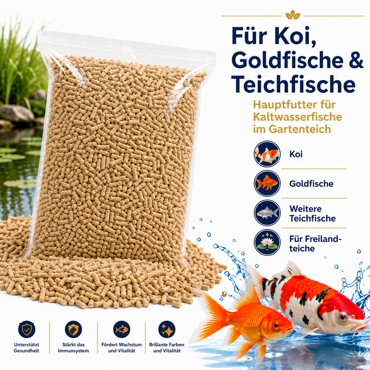 Fischfutter Teich 80L / 6,4kg – Teichfutter Sticks für Koi & Goldfische | Teichfischfutter & Koifutter – Alleinfutter für Kaltwasserfische, Ø 6mm, schwimmend & langsam sinkend, klares Wasser