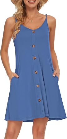 MISFAY Womens Spaghetti Strap Cover-Up Dress with Pockets | Lightweight Stretchy Soft, Adjustable Spaghetti Strap, V Neck Button Front, Beach Vacation Pool Club Daily Wear