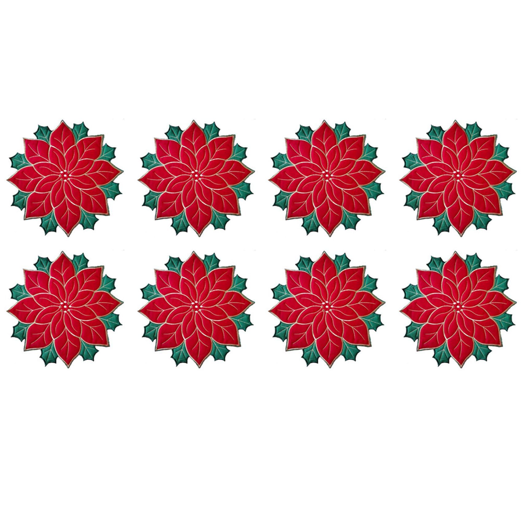 Hndhbfgrt 8X Holiday Christmas Embroidered Placemats Applique Poinsettia Placemats Christmas Flower Placemat A