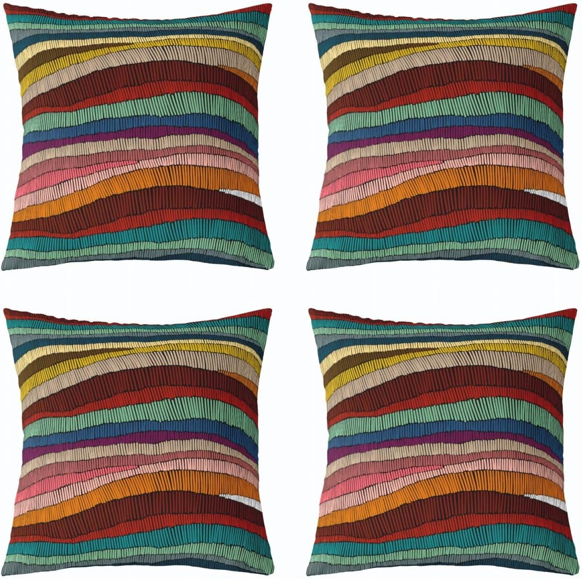 Erosebridal Pack of 4 Boho Throw Pillow Covers 18x18 Bohemian Wavy Pillow Covers Rainbow Embroidered Waves Cushion Covers Geometric Tribal Ethnic Colorful Abstract Decorative Pillow Covers for Adult