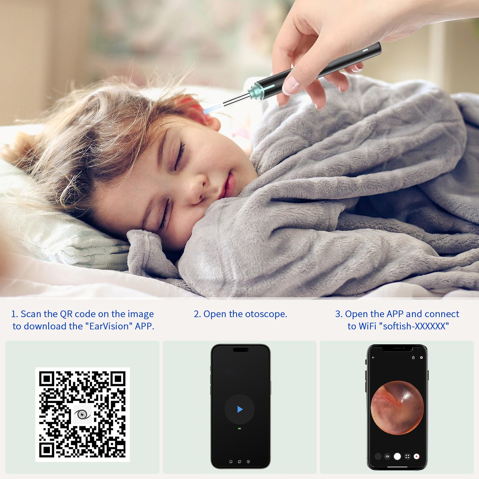 Pulizia Orecchie Otoscopio, Pulitore Orecchie 1920P HD E Connessione Wifi, Pulisci Orecchie Con 6 LED, IP67 Impermeabile, Compatibile Con iPhone/iPad/Android (Nero)