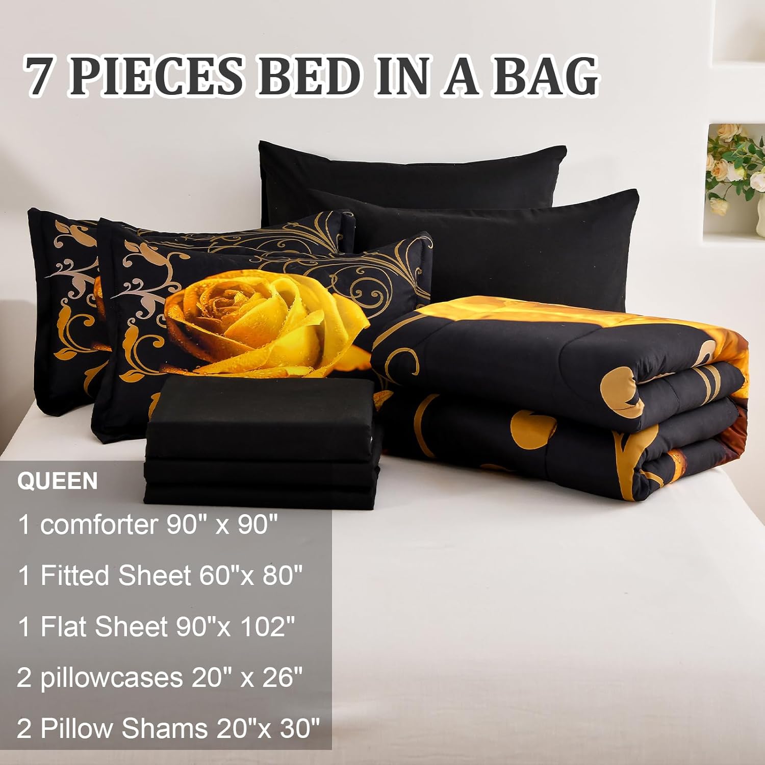 WONGS BEDDING Yellow Comforter Set Queen, Reversible Yellow Rose 7 Pieces Bed in a Bag, Lightweight Soft Microfiber Bedding Sets with Flat Sheet, Fitted Sheet, Pillowcases & Shams