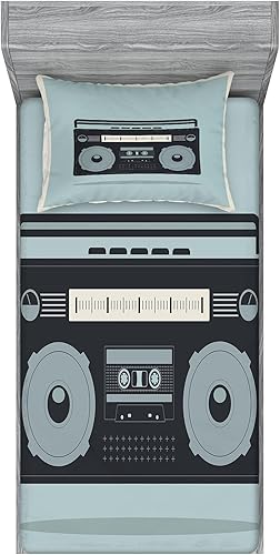 Ambesonne Juego de sábanas bajeras y fundas de almohada Hip Hop, imagen clásica de los años 80 de Boombox sobre fondo retro, tema nostálgico de