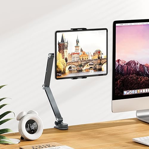 Miniatura 6 de Houele Soporte para tableta, brazo plegable ajustable para tableta iPad con base giratoria de 360, soporte para teléfono iPad para escritorio y
