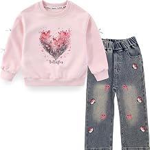 Peacolate 5-12Years Spring Fall Clothingsets Kid Little&Big Girls Pullover Long Sleeve T Shirt and Embroider Butterfly Jeans