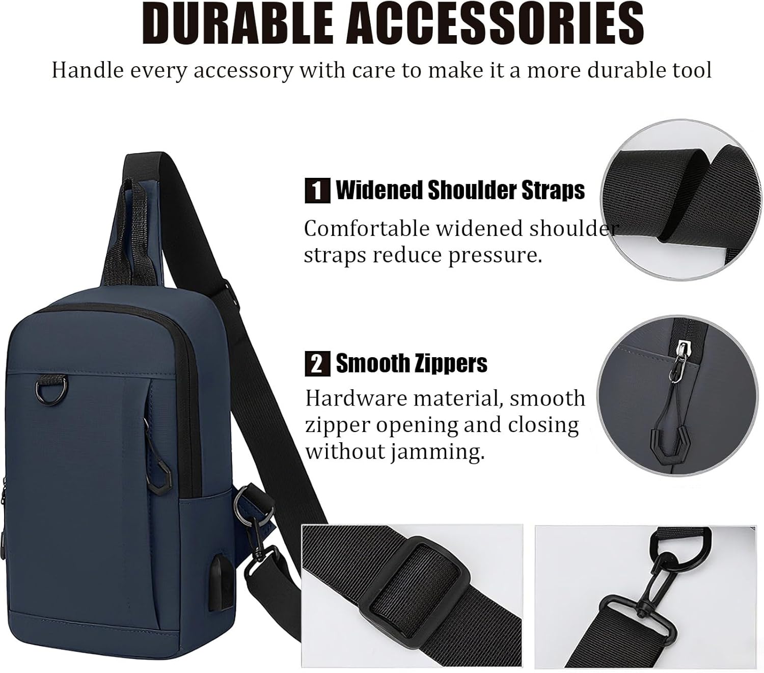 Men Sling Bag Waterproof Crossbody Backpack Nylon Shoulder Bags Anti-theft Chest Bag Daypack For Men Women Work Travel Hiking Motocycle with USB Charging Hole Blue - Image 4