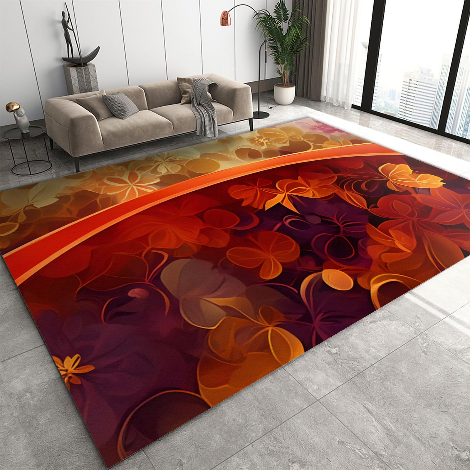 Red Gradient Plant Area Rug, Luxury Fashion Leaf Bedroom Rugs, Floor Mat Carpet Soft With Non-Slip Backing for Living Room Dining Room Bedside Playroom Under Kitchen Table Office Patio-50 x 80 cm